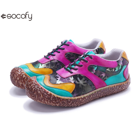 Socofy Vicconfy Genuine Leather Retro Lace Up Comfortable Casual Women's Shoes 1000