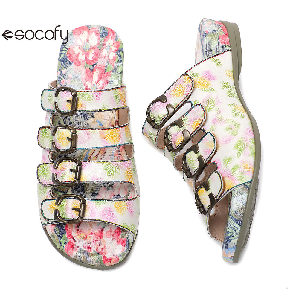 Socofy Vicconfy Summer Floral Leather Slippers