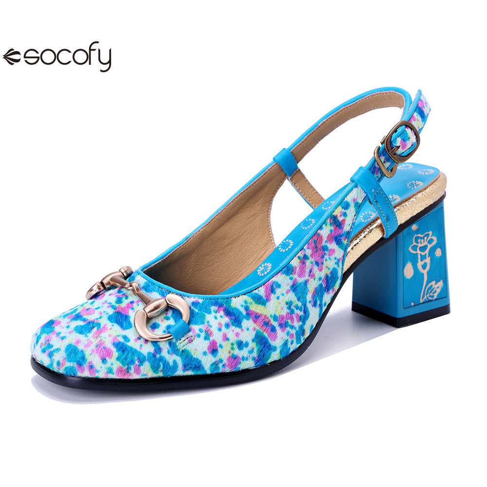 Socofy Handmade Leather Crushed Flower Chunky High Heeled Sandals