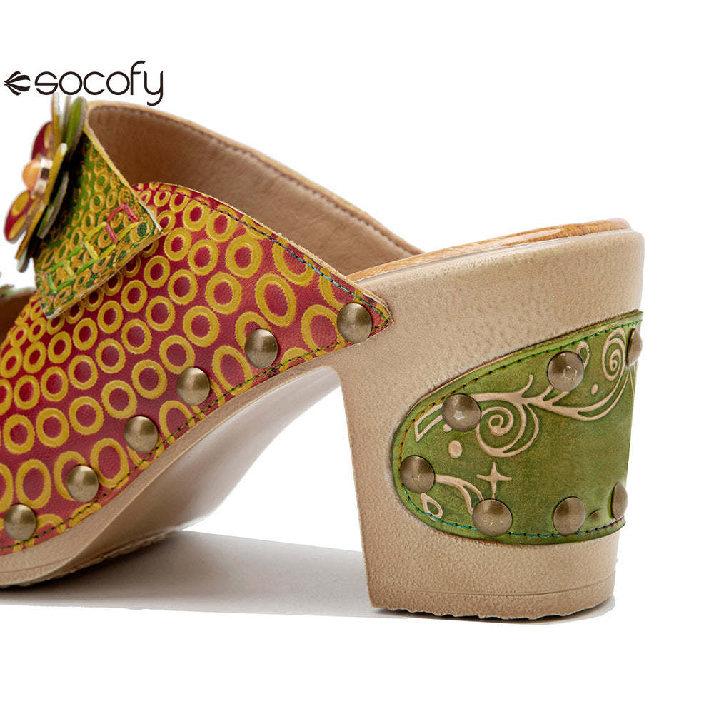 Socofy Spring and summer genuine leather retro flower comfortable thick heel high heel sandals