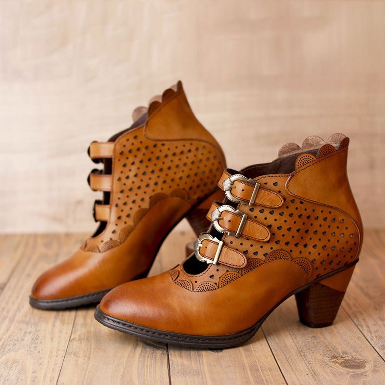 Socofy Vicconfy Retro Cutout High Heel Leather Boots