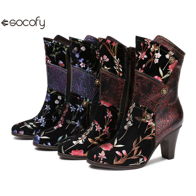 Socofy Vicconfy Court Leather Vintage Handmade High Heel Women's Boots