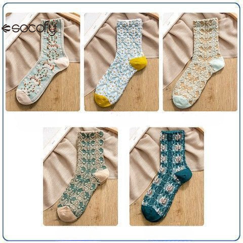 Socofy Vicconfy Vintage Cubic Embossed Socks Floral Mid-Calf Women's Socks