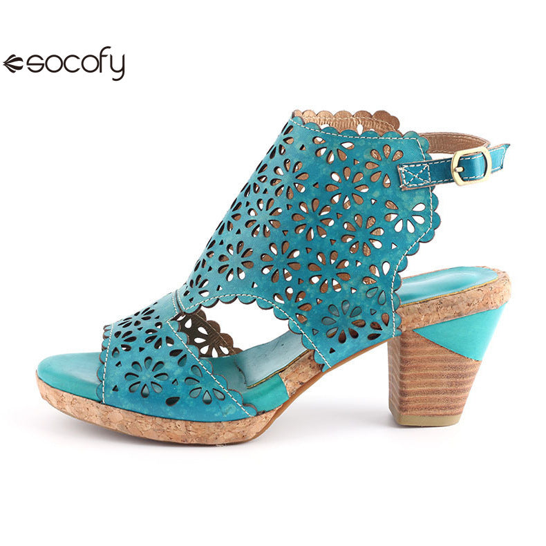 Socofy Vicconfy Open Toe Slingback Vintage Hollow Chunky Sandals