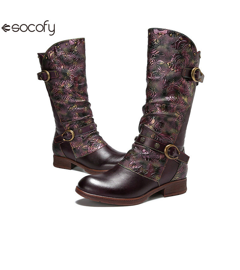 Socofy Vicconfy Side Zipper Vintage Floral Flat Heel Long Boots