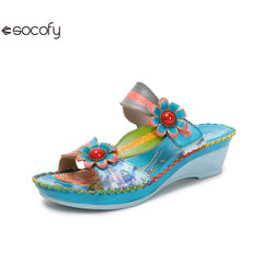 Socofy summer fashionable flower women's shoes ethnic style retro casual leather wedge slippers