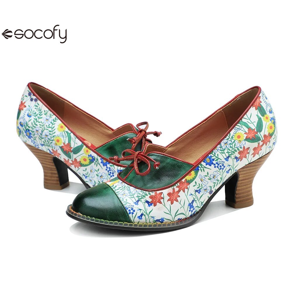 Socofy Vintage Printed Genuine Leather Block Mid Heel Ankle Hook Loop Pumps