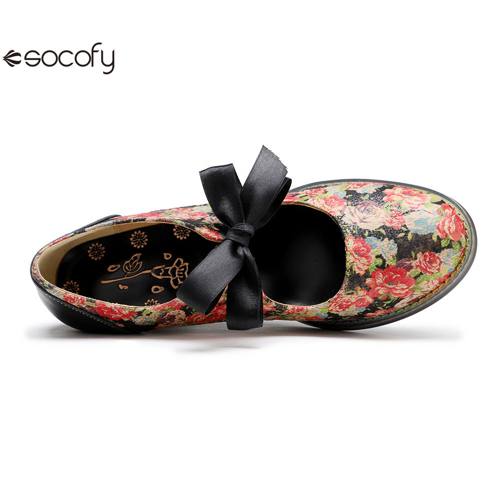 Socofy Vintage Rustic Broken Flower Strappy Bow High Heels