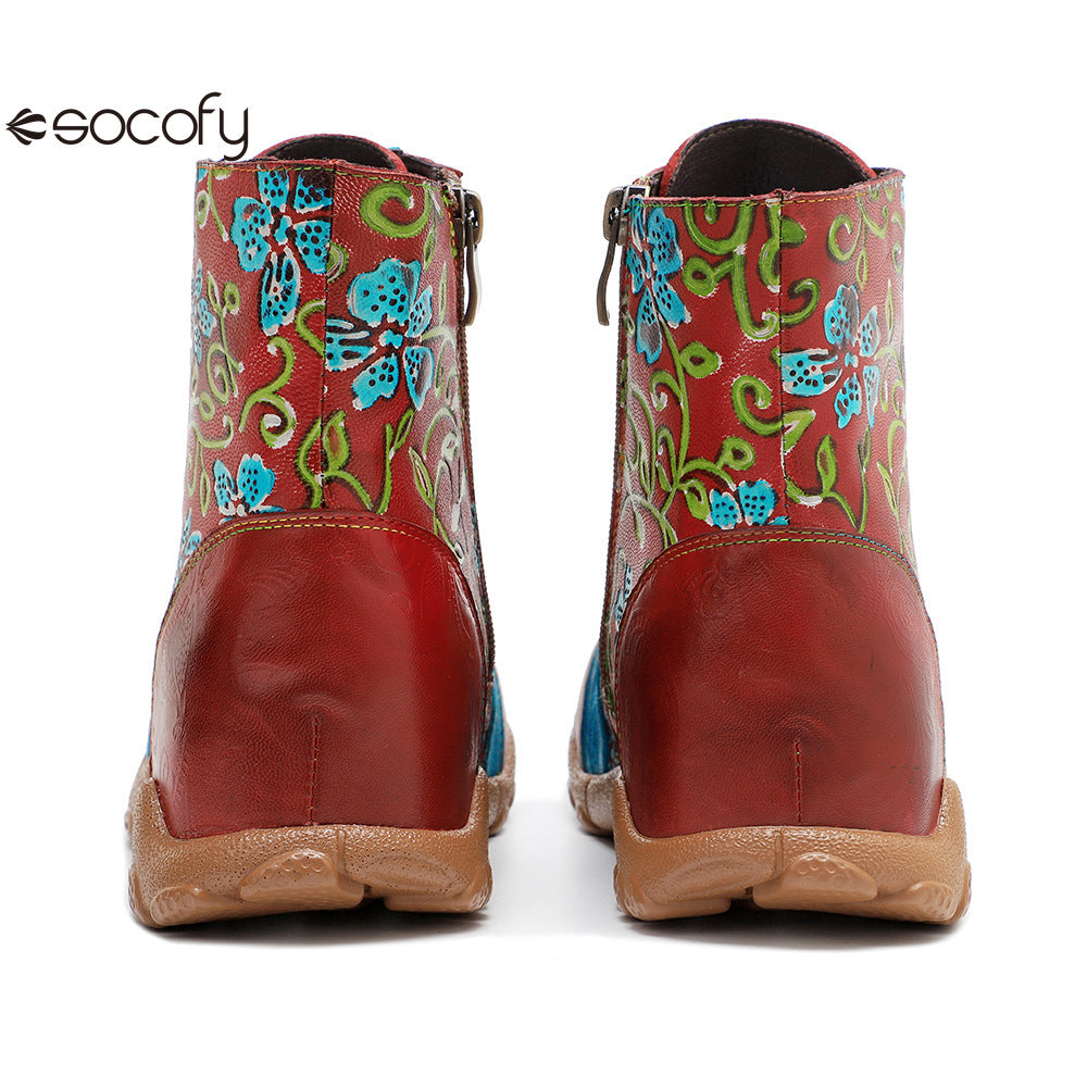 Socofy Vicconfy Handmade Leather Print Ankle Boots