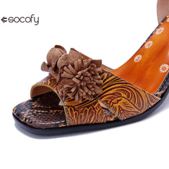 Socofy Vicconfy Handmade Leather Vintage Printed Dimensional Heeled Sandals