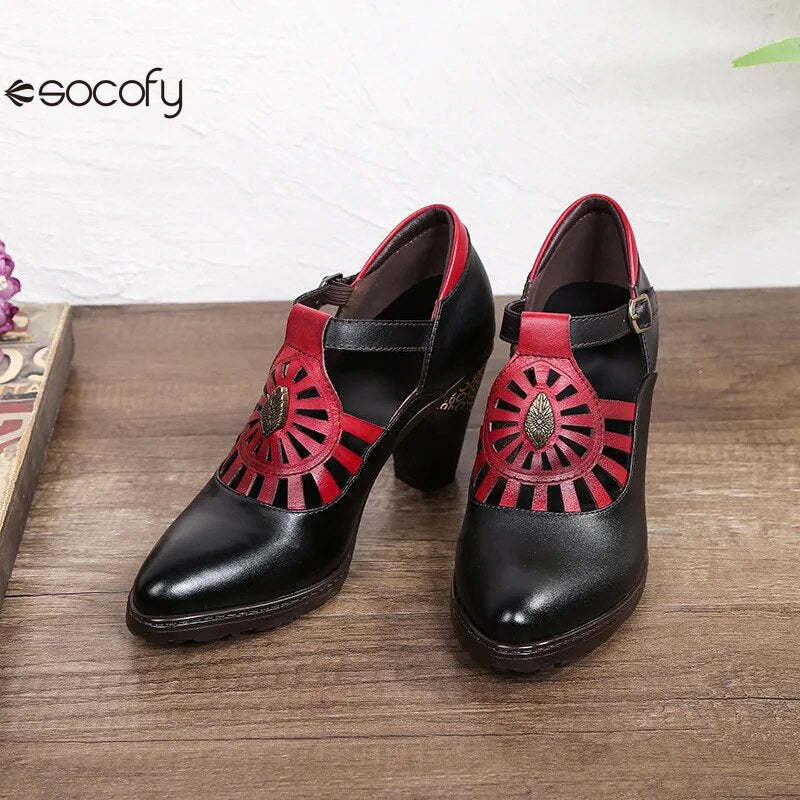 Socofy Retro Genuine Leather Buckle Strap Toe Square Heels