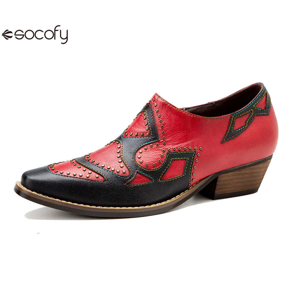 Socofy Genuine Leather Retro Round Rivet Deco Shallow Flat Shoes