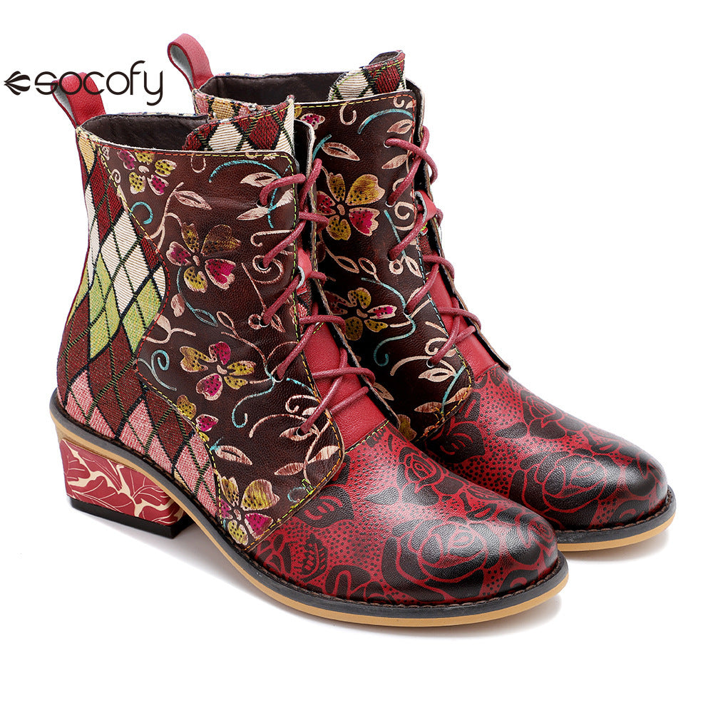 Socofy Vicconfy Genuine Leather Lace Up Cowboy Jacquard Colorblocking Ankle Boots