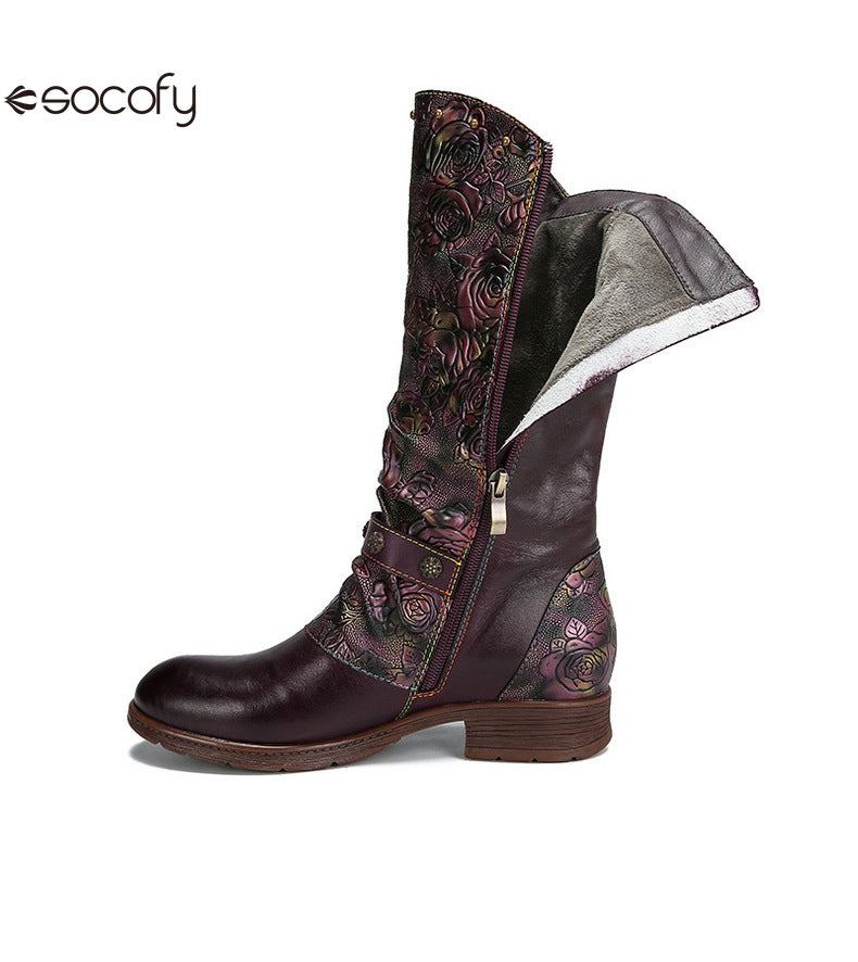 Socofy Vicconfy Side Zipper Vintage Floral Flat Heel Long Boots