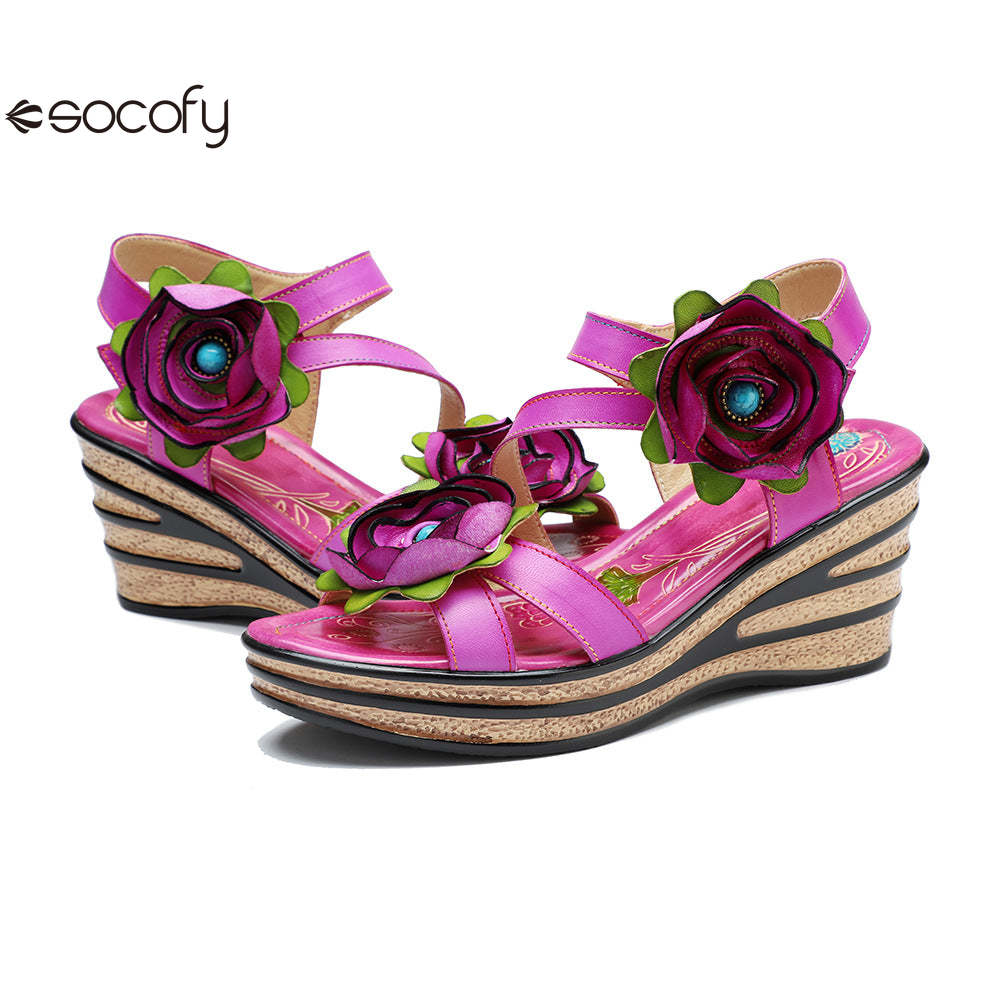 Socofy summer leather three-dimensional flowers comfortable sloping sandals