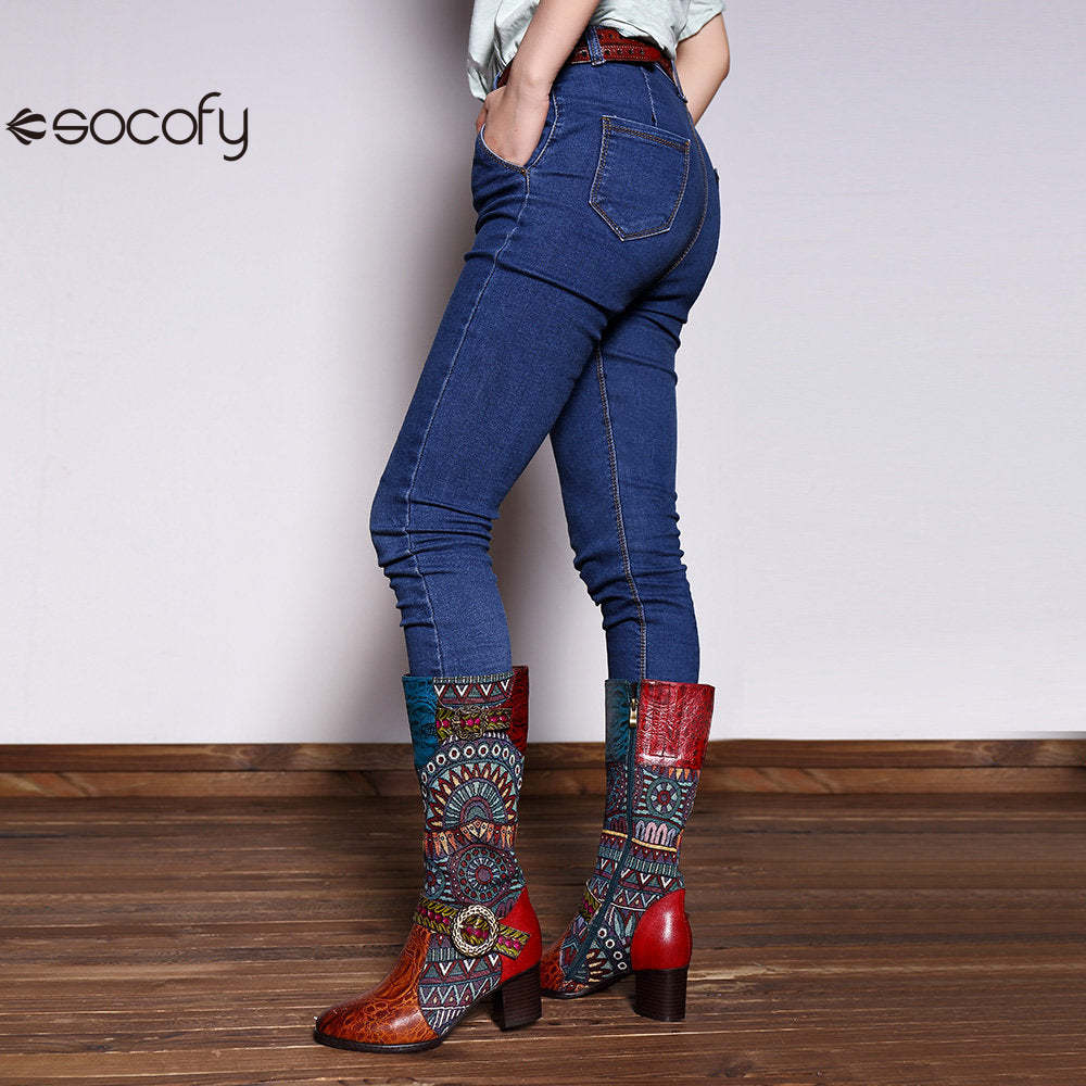 Socofy pointed-toe adhesive-soled high-top cowhide bohemian ethnic style fashion boots