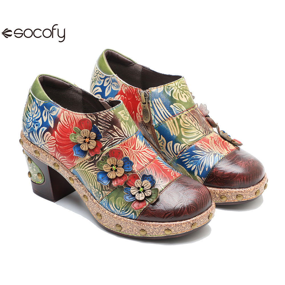 Socofy Genuine Leather Vintage Floral Dimensional Flower Comfortable Pumps