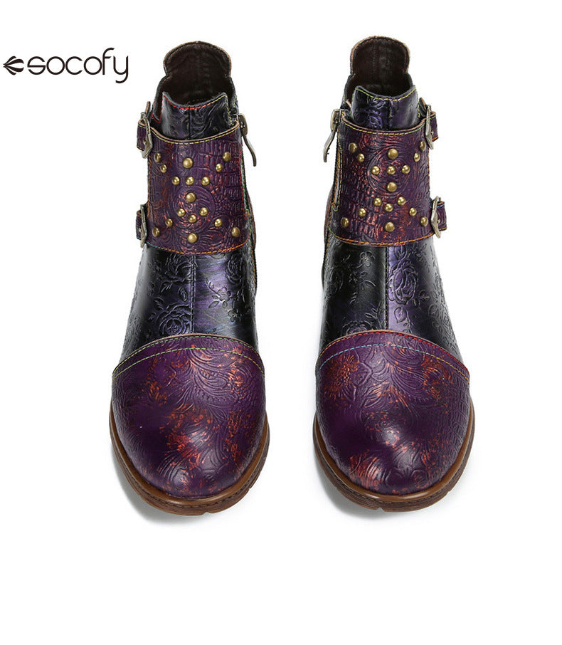 Socofy Vicconfy Genuine Leather Ethnic Vintage Rivet Belt Buckle Boots