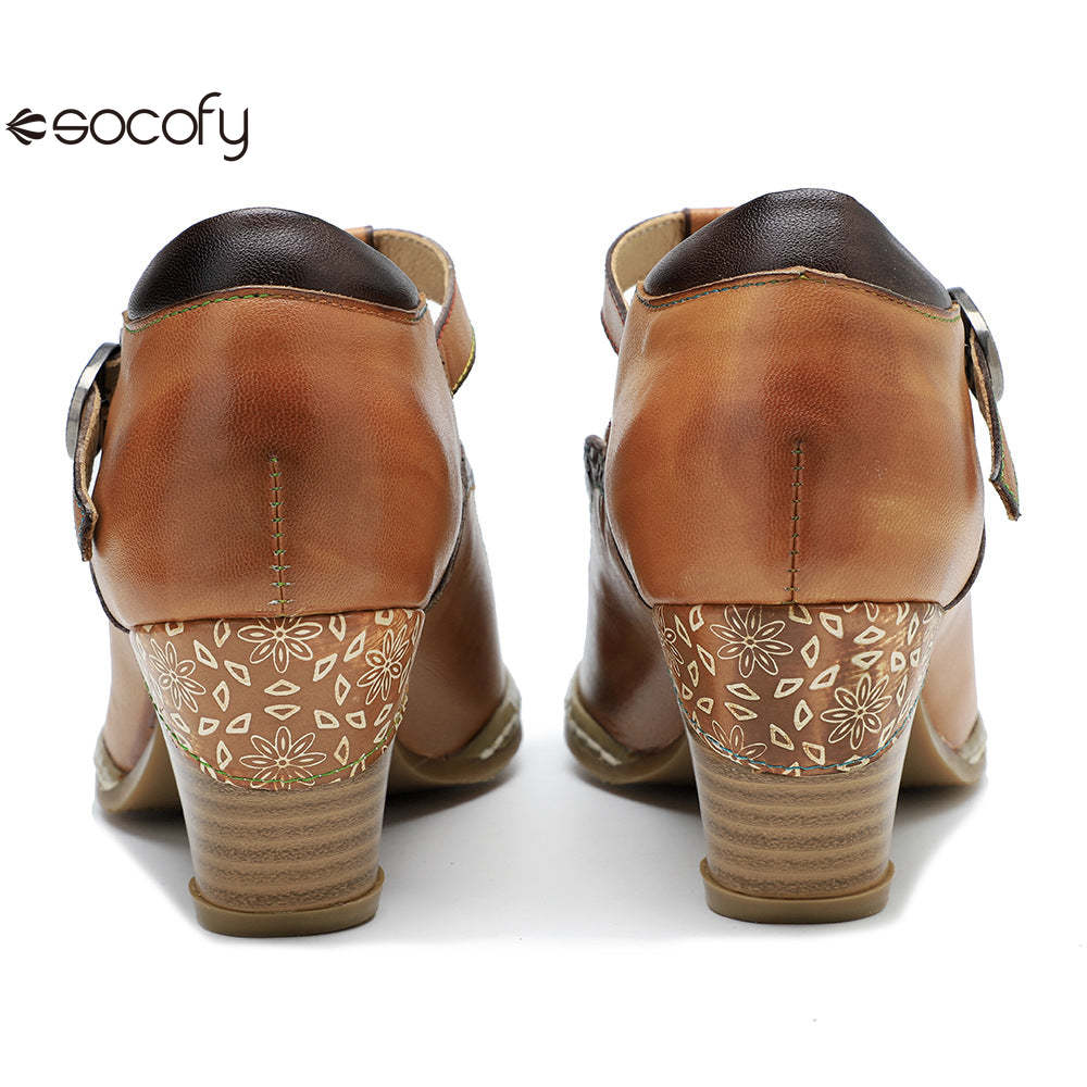 Socofy spring genuine leather retro Mary Jane high-heeled shoes