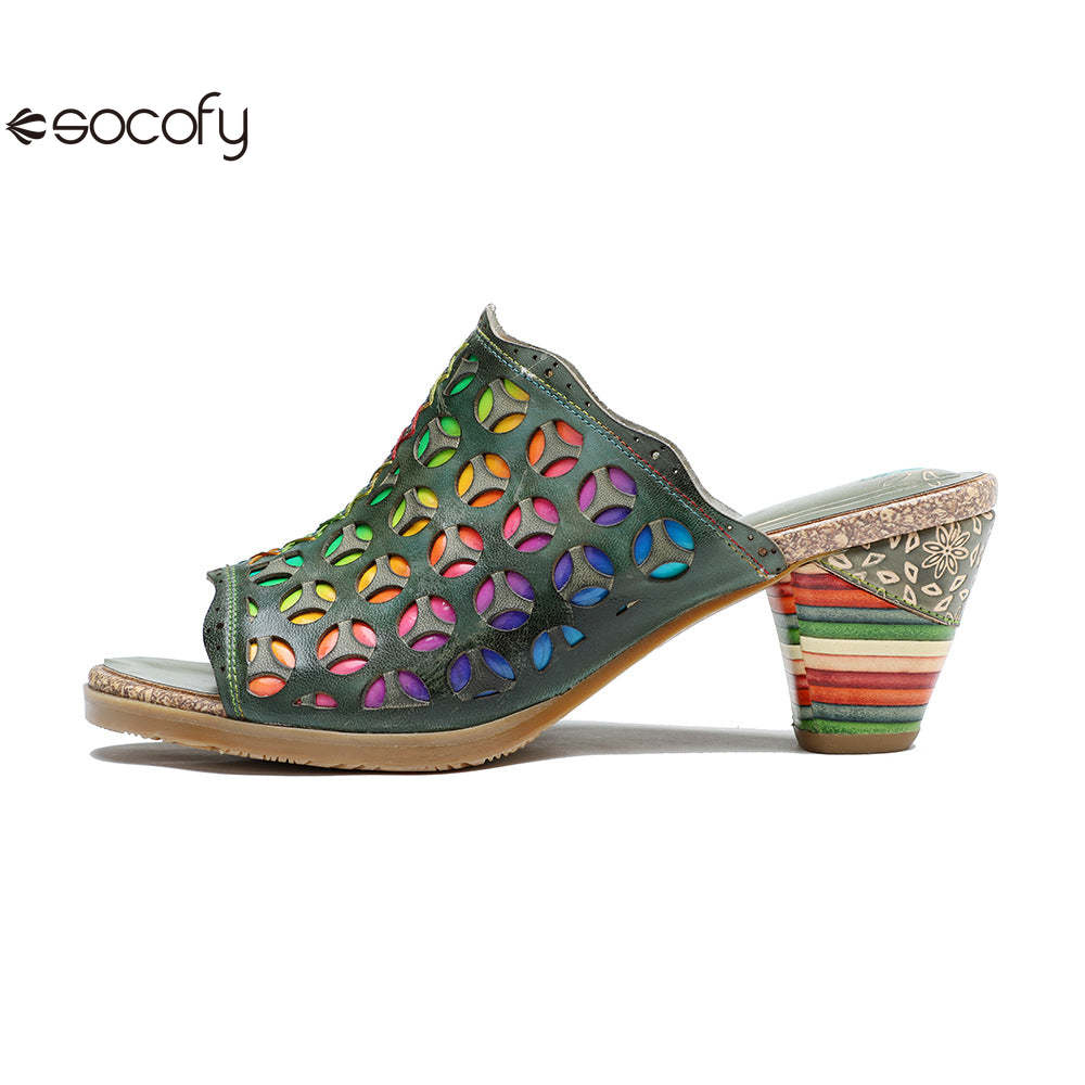 Socofy summer leather rubbed retro colourful hollow out high heel sandals