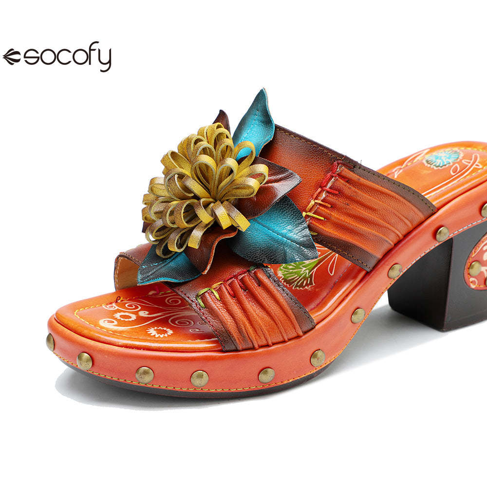 Socofy Genuine Leather Hand-painted Retro High Heeled Slippers Sandals