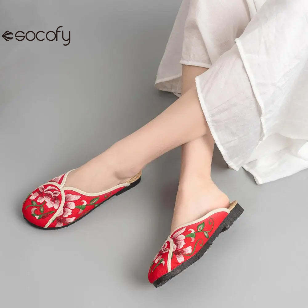 Socofy Spring Summer Outside Embroider Flat Slippers