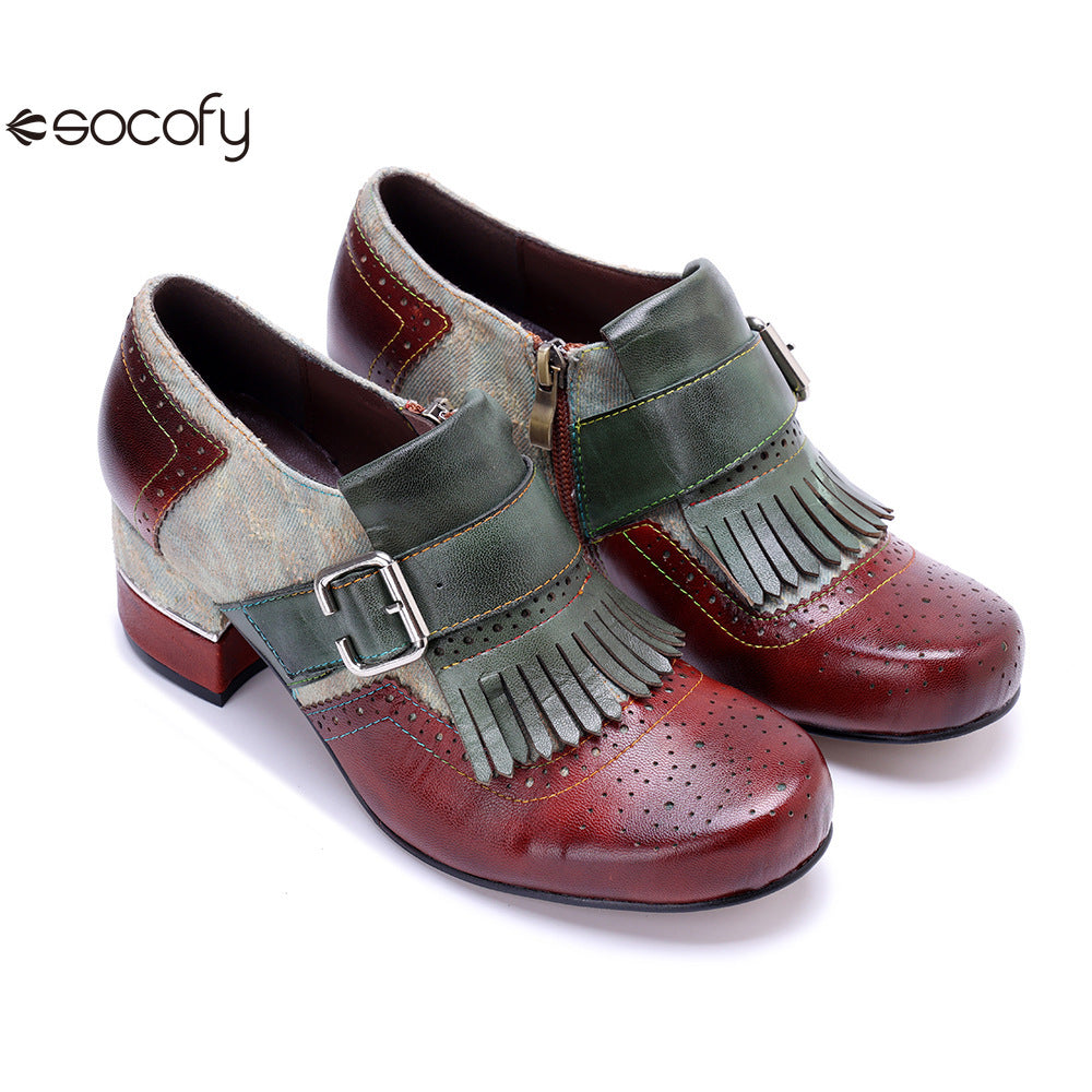 Socofy Genuine leather vintage brogue tassel side zipper Pupms