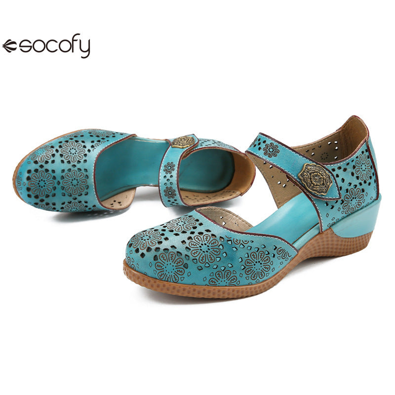 Socofy Genuine leather romantic three-dimensional flowers hollowed out sandals