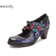 Socofy Vicconfy Colorful Stitching Painted Flower Spring Hook Loop Genuine Leather Spike Heels Round Toe Women Pumps