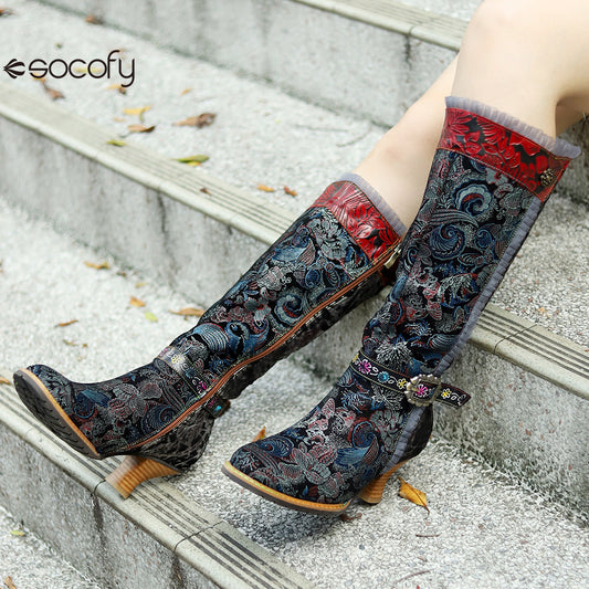 Socofy Genuine Leather Vintage Boots Warm Lace Side Heeled Boots 1000