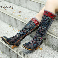 Socofy Genuine Leather Vintage Boots Warm Lace Side Heeled Boots