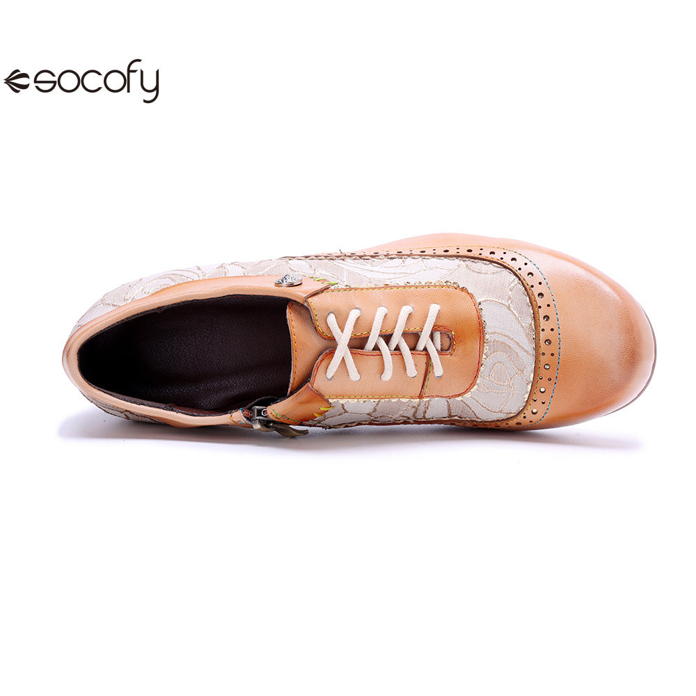 Socofy Genuine leather beige vintage brogue tassel side zipper pumps