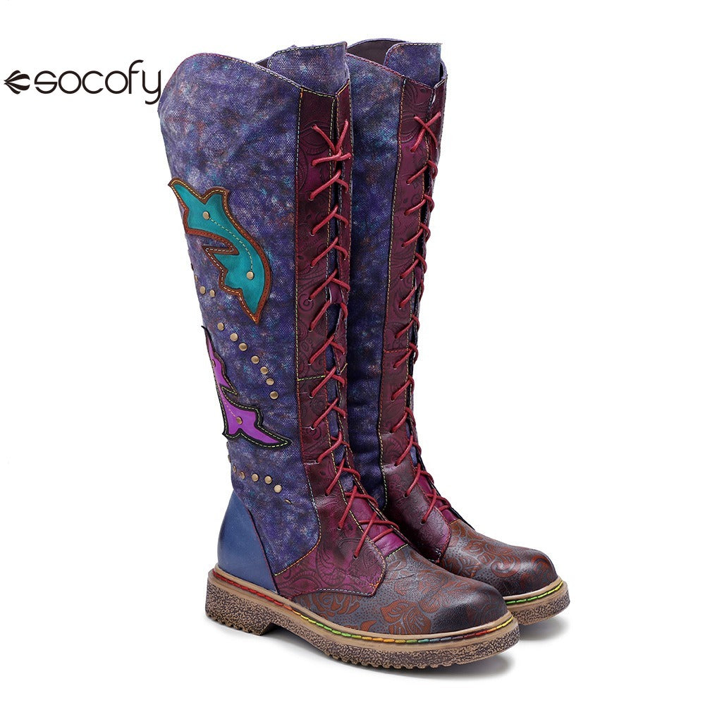 Socofy Vicconfy Locomotive Texture Dark Flower Women's Boots Flat Women's Boots