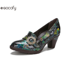 Socofy Vicconfy Round Toe Cowhide Leather Fashion Single Shoes Vintage Flower Heels Women's Shoes