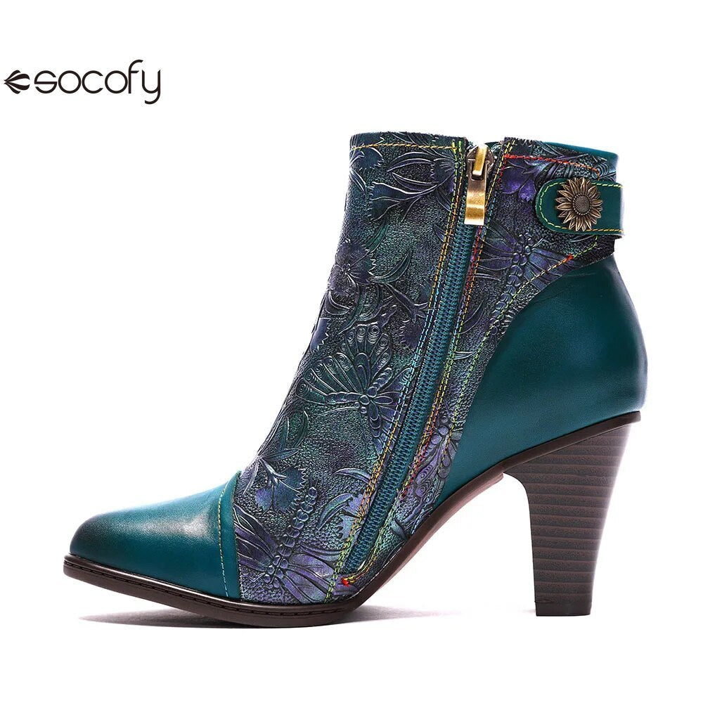 SOCOFY Genuine Leather Retro Handmade Exquisite Embossed Fashion Zip Winter Boots