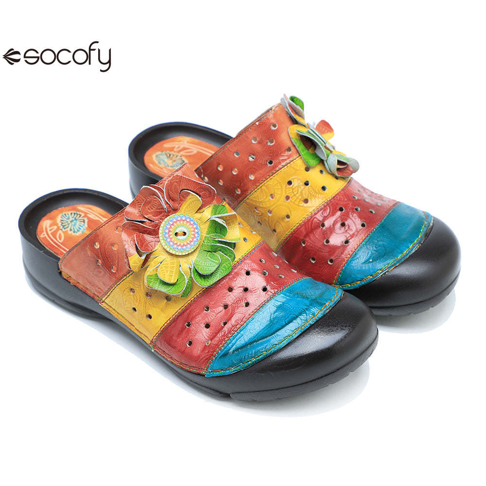 Socofy genuine leather handmade hollow three-dimensional flower comfortable flat slippers