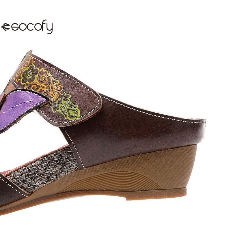 Socofy genuine genuine leather bohemian floral vintage sandals