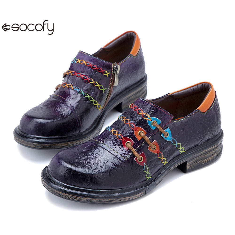 Socofy Genuine Leather Colourful Rope Deco Ethnic Printed Women's Flat Shoes