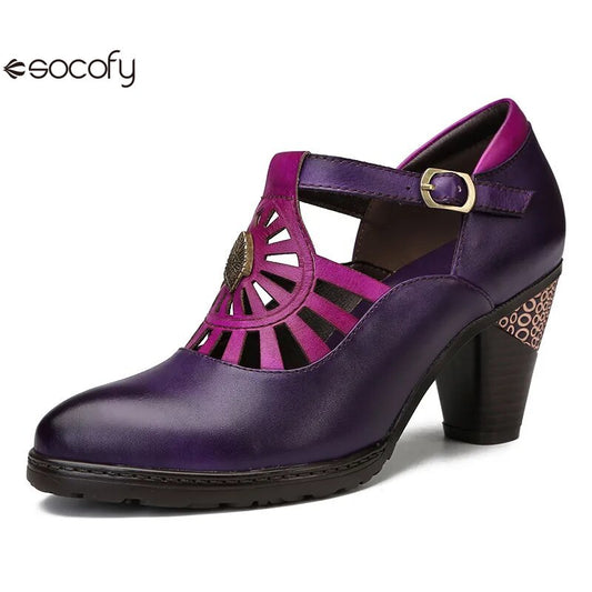 Socofy Retro Genuine Leather Buckle Strap Toe Square Heels 800