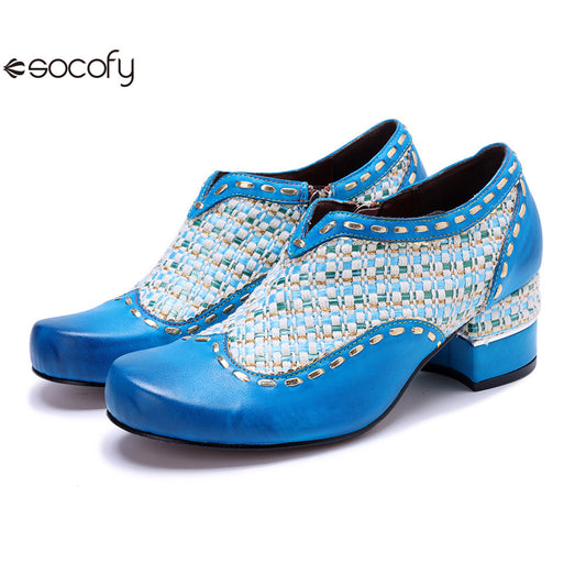 Socofy Genuine Leather Vintage Boho Woven Side Zipper Pumps 1000