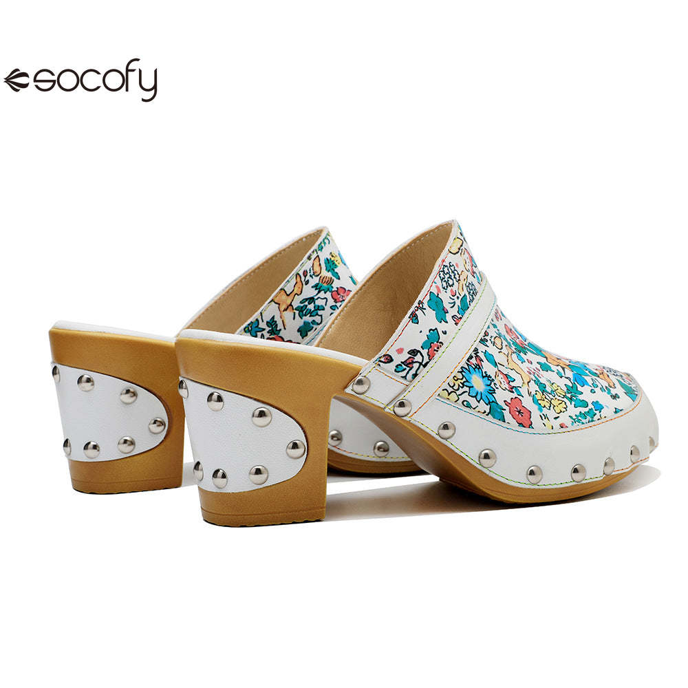 Socofy Handmade Leather Crushed Flower Rustic Casual Fashion Comfortable High Heeled Sandals