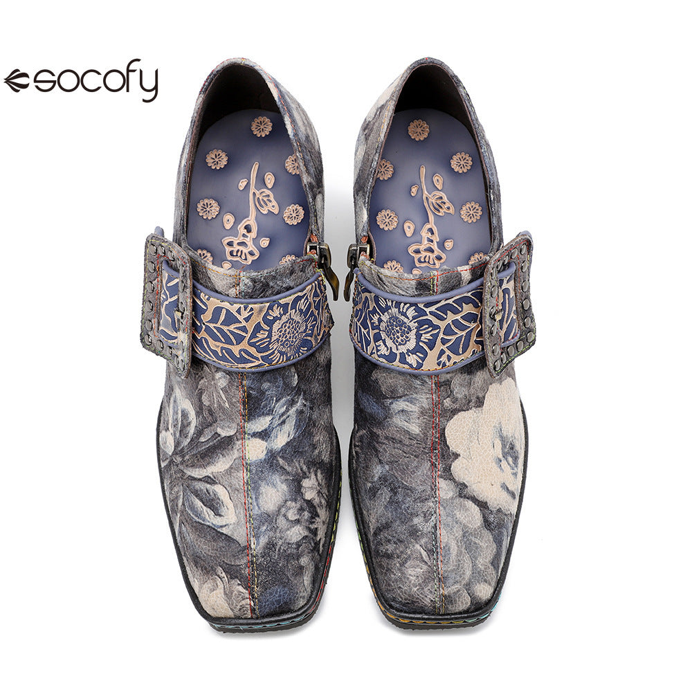 Socofy  Vicconfy Genuine Leather Vintage Style Water Print High Heeled Single Shoes