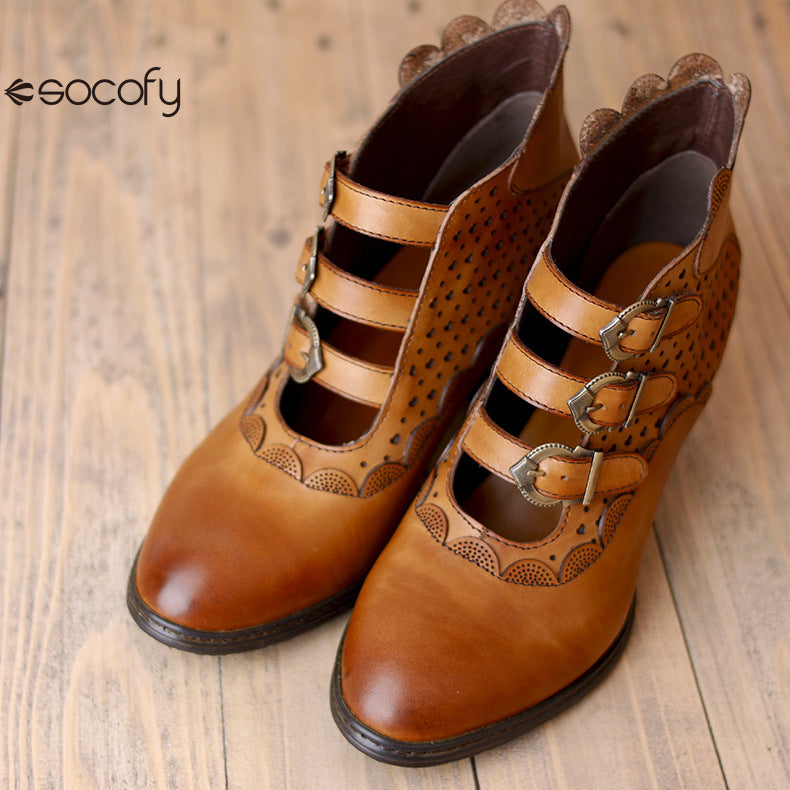 Socofy Vicconfy Retro Cutout High Heel Leather Boots