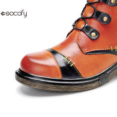 Socofy Vicconfy Leather Handmade Color Clash Retro Fashion Martin Boots Women's Boots