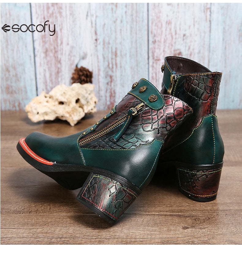 Socofy Vicconfy Women's Martin Boots Leather Patchwork Ethnic Vintage Short Boots