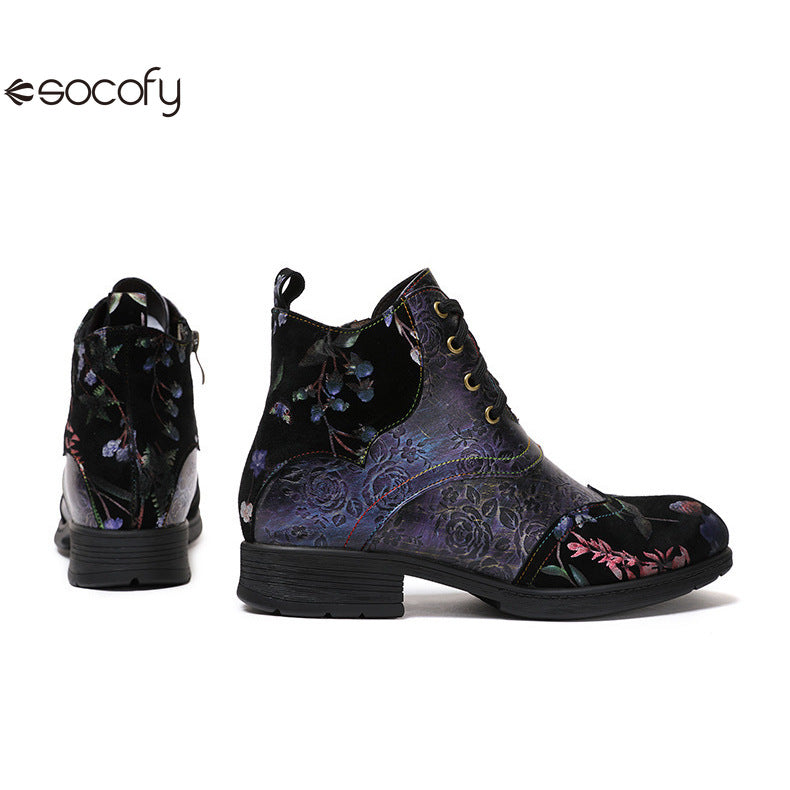 Socofy Vicconfy Genuine Leather Ethnic Illusion Blue Purple Vintage Ankle Boots