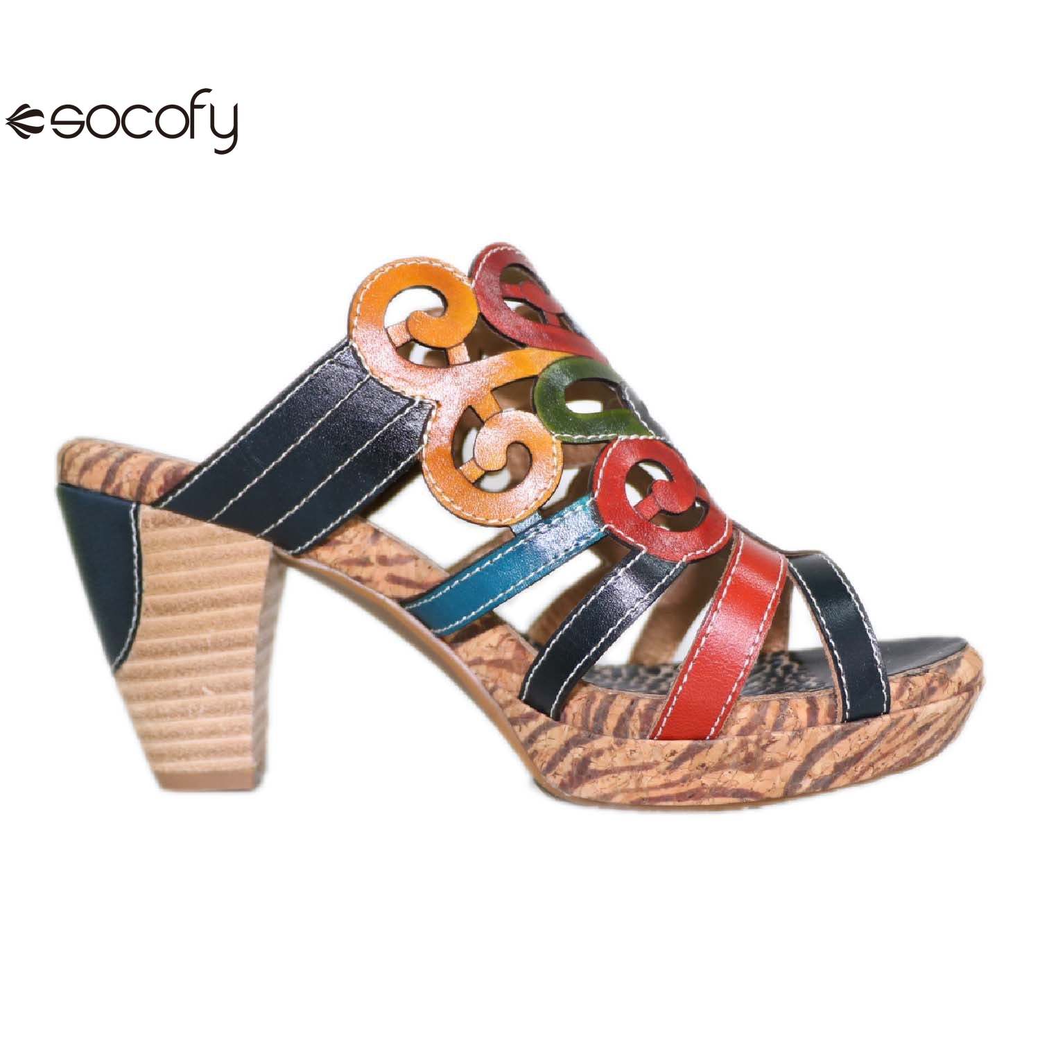 Socofy summer ethnic style leather women's shoes high heels handmade slippers