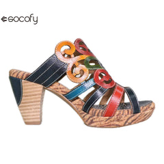 Socofy summer ethnic style leather women's shoes high heels handmade slippers