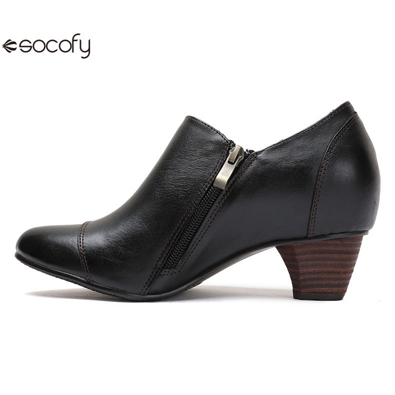 Socofy Vicconfy Genuine Leather Ethnic Style Handmade Vintage Literary Buckle Heels