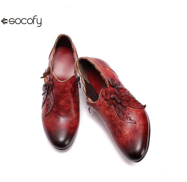 Socofy Genuine Leather Handmade Vintage Fashion Side Zipper High Heels Women's Shoes